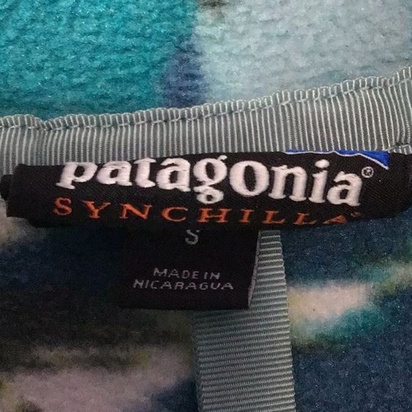 Patagonia Womans S Synchilla Snap T Fleece Pullover Blue Green Wave Print - Picture 2 of 5